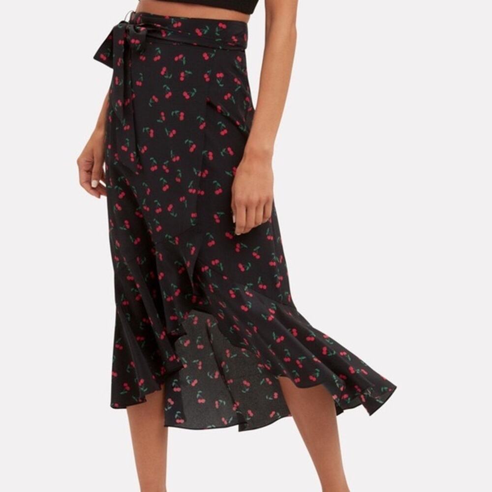 Intermix 100% Silk Black Red Fruit Cherry Print Ruffled Hi-Low Midi Wrap Skirt S
